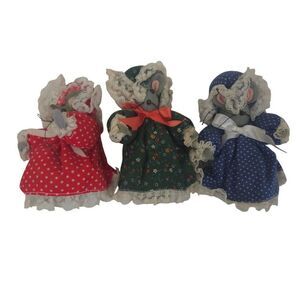 Vintage 80s Set Of 3 Handmade Country Granny Mouse Dolls Floral Dresses